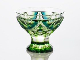 薩摩切子　二色衣　脚付盃　蒼黄緑【C-202】